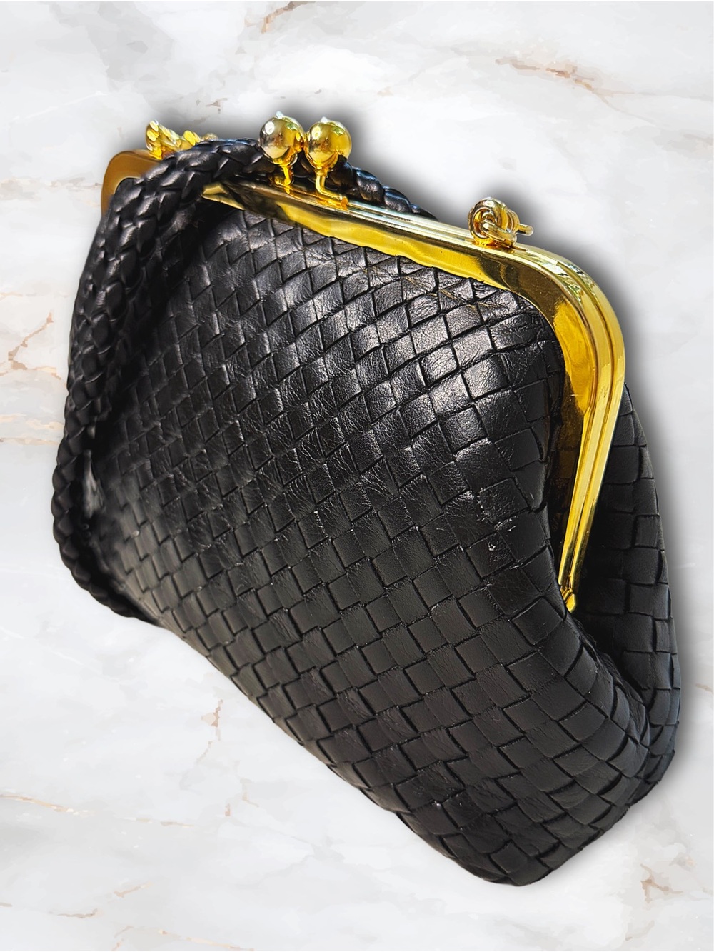Vintage Black Woven Leather Kiss Lock Frame Bag 2 Way • Clutch Shoulder Purse - Picture 3 of 15